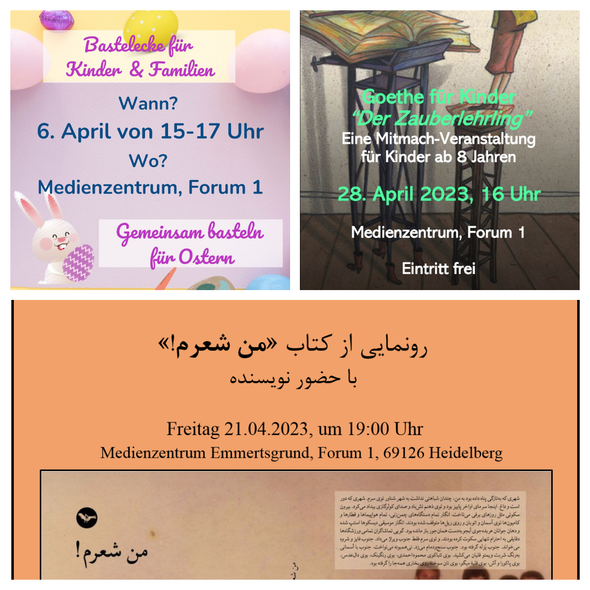 Osterbasteln, Lesungen zu Goethe und aus dem Iran im Medienzentrum