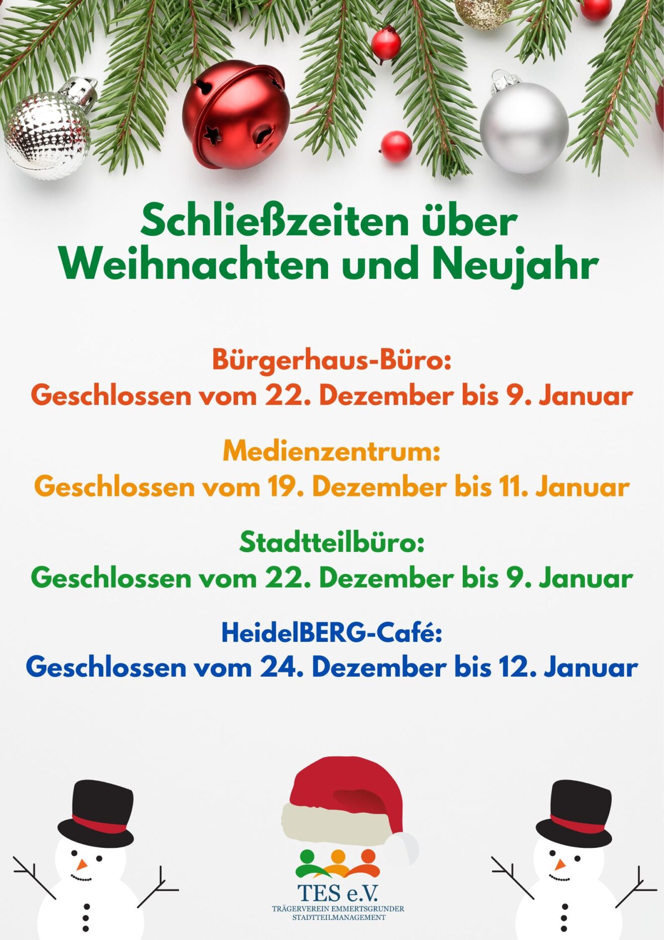 Schließzeiten über Weihnachten und Neujahr