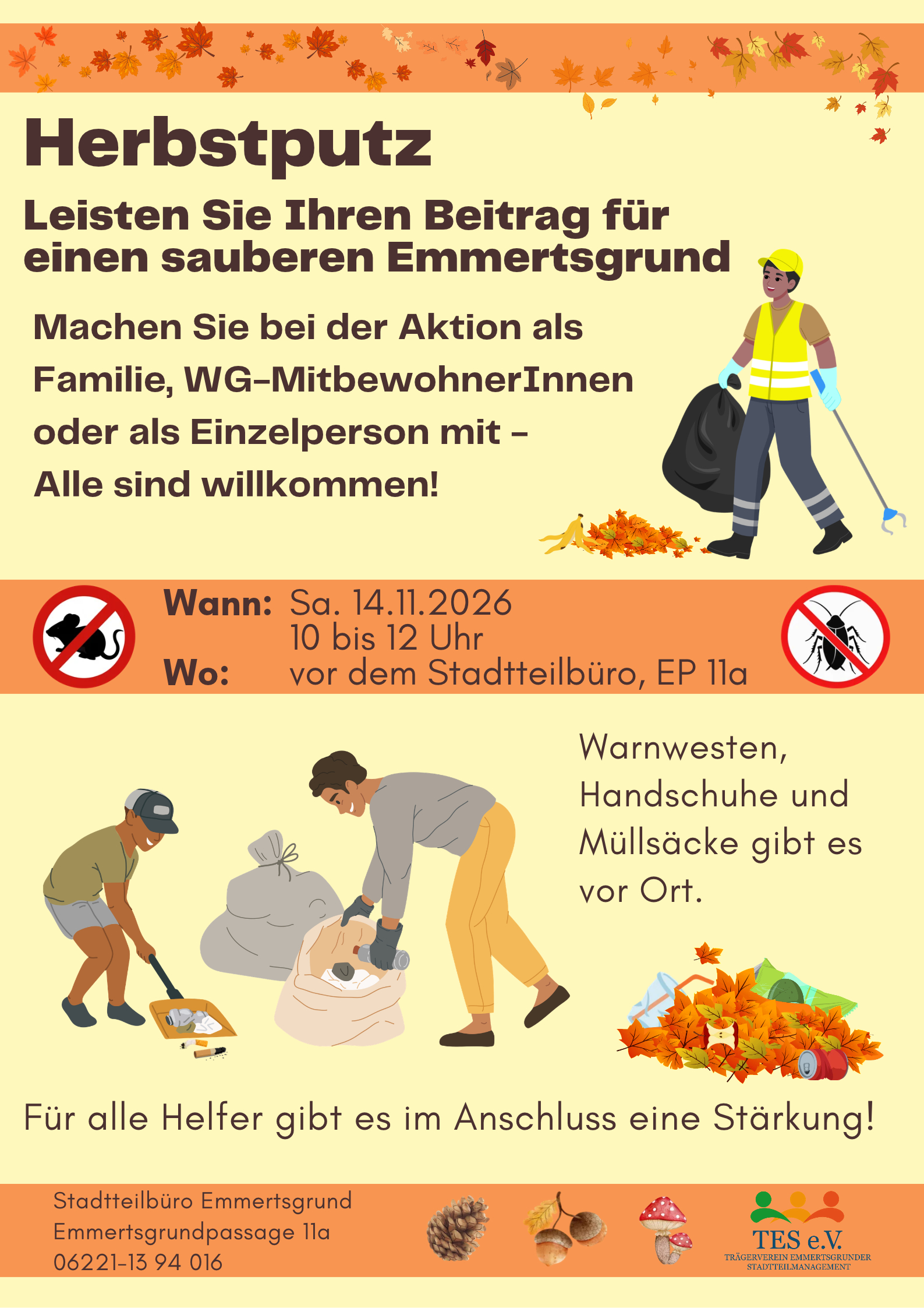 Plakat Herbstputz: Samstag, 14. November 2026, 10 bis 12 Uhr, Treffpunkt vor dem Stadtteilbüro, Emmertsgrundpassage 11a